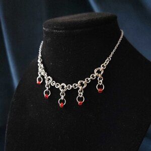 Gothic medieval red chain mail necklace with a small silver chain